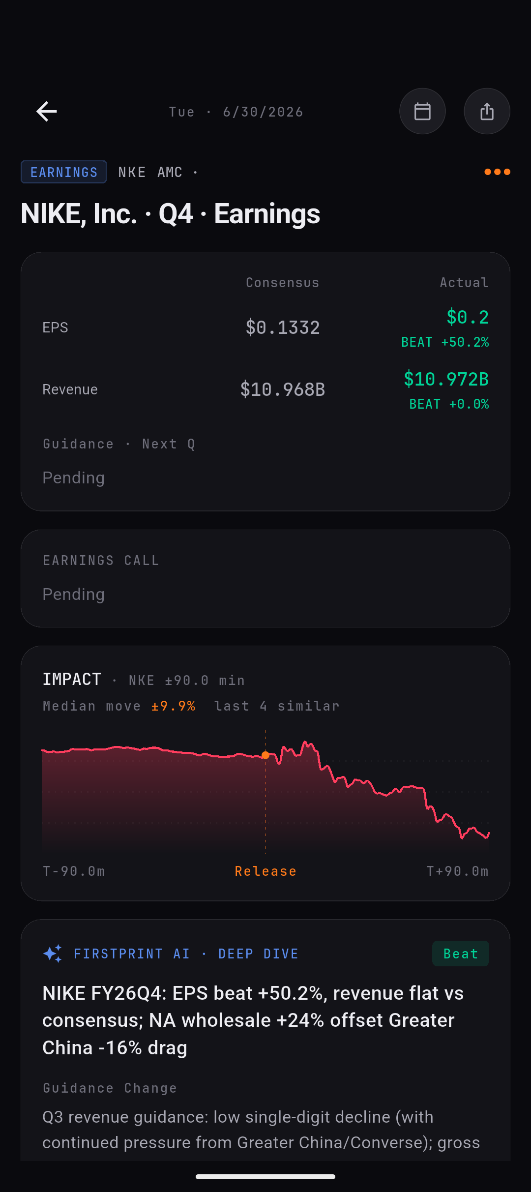 FirstPrint earnings deep dive: AI card with beat/miss, guidance change, key drivers and impact curve